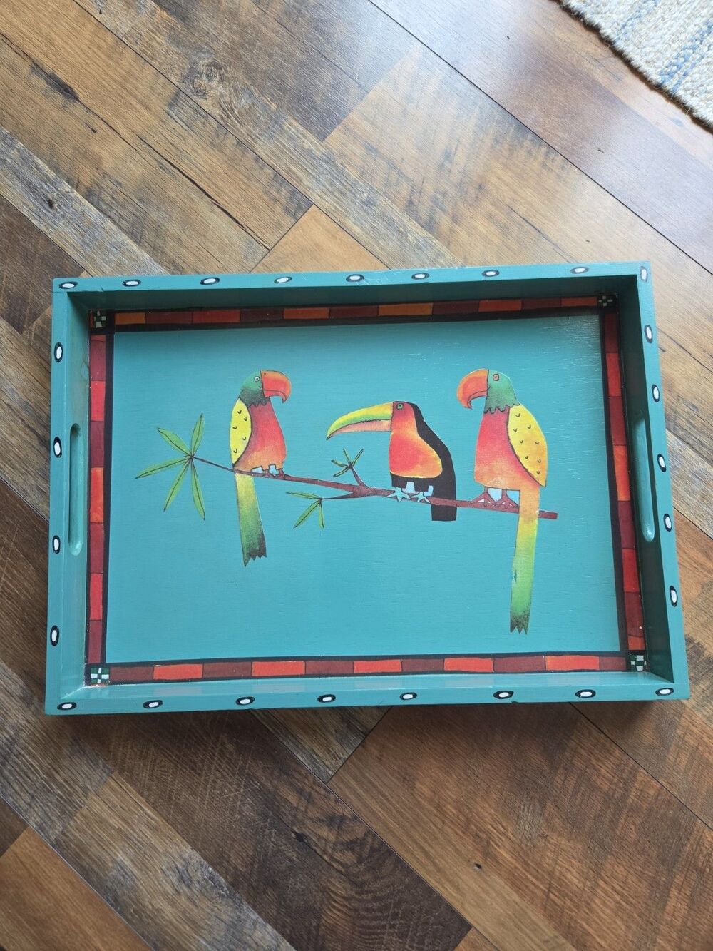Vtg Turquoise Wood Tropical Bird Decor Serving Tray The Essex Collection Beach